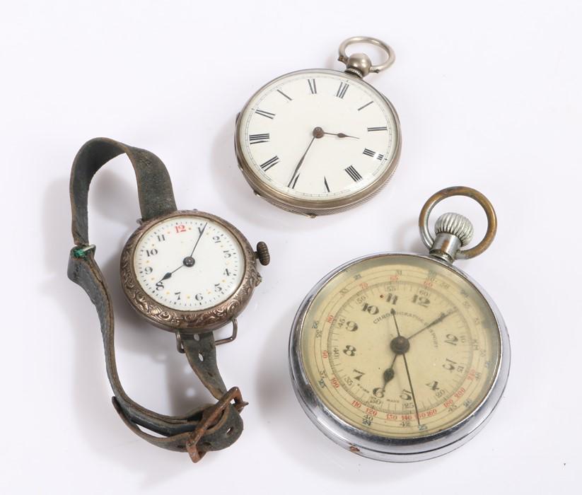 Silver wristwatch, the white dial with Arabic markers,: Silver wristwatch, the white dial with Arabic markers, manual wound, the case 31mm wide, white metal open face pocket watch, the white dial with Roman numerals, key wound, the case 40.5mm wide, Chrono