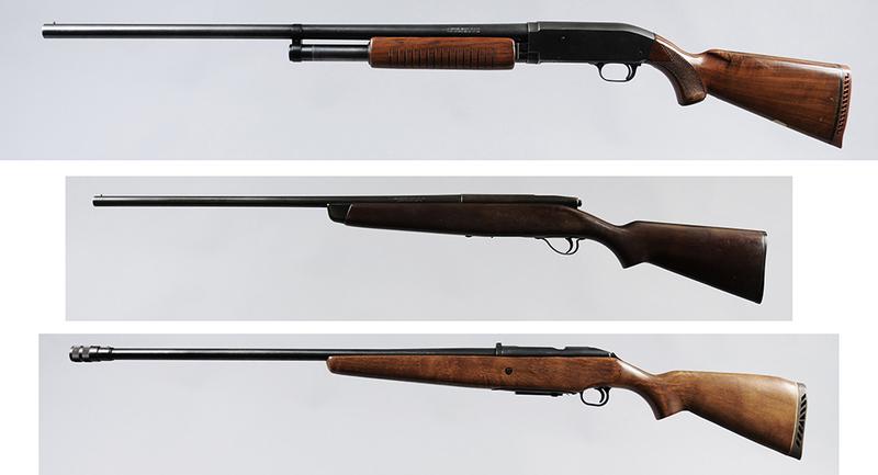 Three Shotguns: J. C. Higgins Model 20 Slide Action Shotgun, 12ga., 2-3/4 chamber, 27-1/4 in. barrel, NSF, ?Sears, Roebuck and Co. 583.2001?, checkered and hardwood stock, small inlaid brass plate on butt, J. C. Higg