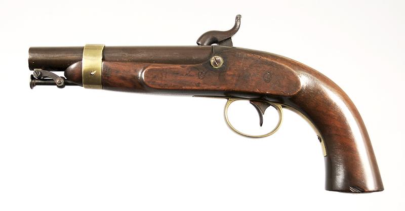 Example of N.P. Ames Model 1842 US Navy Pistol: .54 cal. percussion, 6 in. round barrel, brown finish, walnut stock, lock plate marked "N.P. AMES/SPRINGFIELD/MASS" and "U.S.N/1843", left side of barrel marked "USN/1844/RP/P", two oval cartouches on