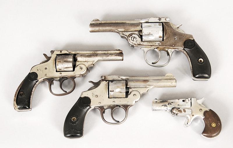 Three Top Break Revolvers, Derringer: Single Shot .22 Derringer, 2 in. barrel, S/N 54029, has been repaired, questionable functionality; Iver Johnson 5-shot top break revolver, .38 cal., 3 in. barrel, NVSNon working condition, Iver Johnso