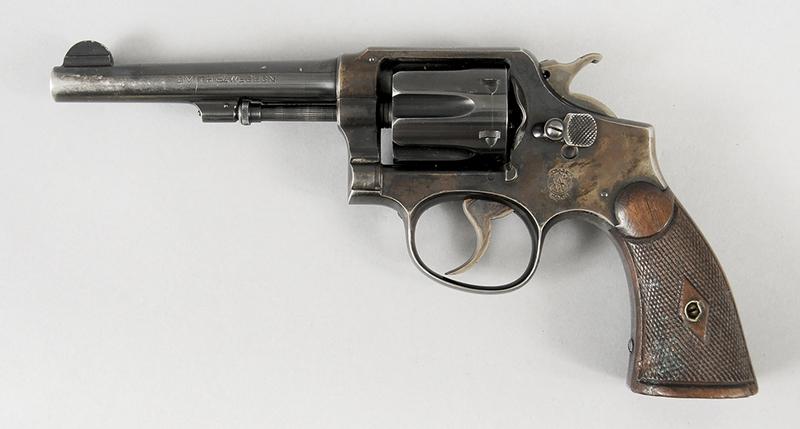 Smith & Wesson .38 Special Revolver: .38 S&W Special CTG, 6-shot, 5 in. barrel, S/N 470106, checkered wood grips, with leather holster
