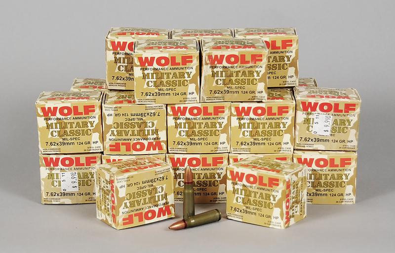 Wolf Military Classic 7.62 x 39mm Ammunition: 480 rounds (24 boxes of 20 rounds each), 124 Gr. HP, steel case, non-corrosive