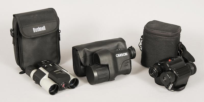 Two Pair Binoculars/Monocular: Carson Portable Digital Night Vision Monocular, soft case, paperwork, (not tested, battery compartment corroded); Bushnell ImageView Model 11-8321 Binocular with built in digital camera, soft case, (c