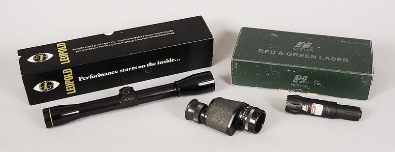 Leupold Scope/NCStar Laser/Zeiss 8x30B Monocular: Leupold M8-4x scope, SN-K285412 with box, (good condition); Carl Zeiss 8x30B Monocular, West Germany, SN 647928, (good condition); NCStar Red/Green laser, rail mount, switch, #APRLSRG, original box, p