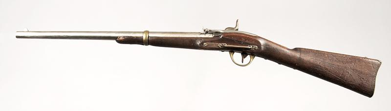Merrill Percussion Carbine Second Type: single shot breech loader rifle, .54 cal., 22 in. round barrel, faint eagle visible on lockplate, also visible are the letters ....."BALTO", (possibly J.H. MERRILL BALTO./PAT.JULY 1858/APL.9MAY 21-28