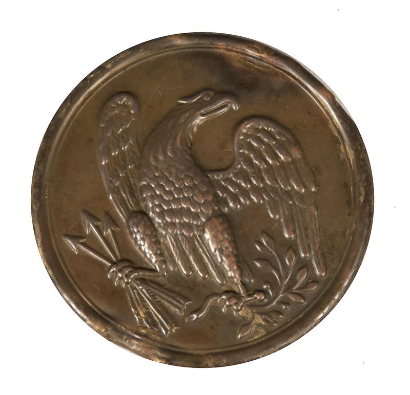 Civil War Union N.C.O. Eagle Plate: stamped thin sheet of brass of an eagle holding arrows in one talon and wheat in the other, filled with solder and iron wire on back, cannot verify authenticity