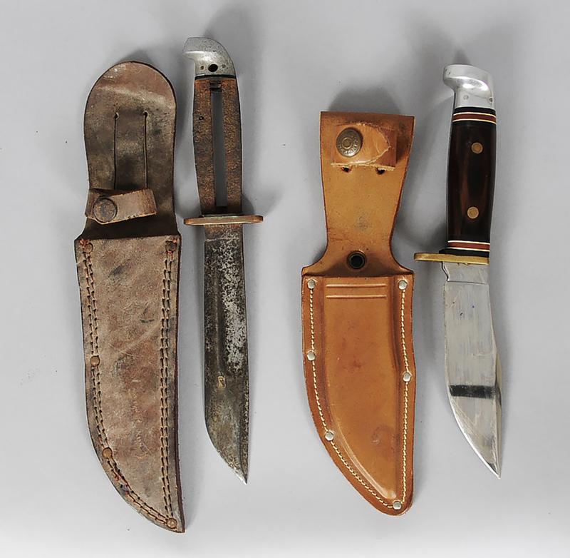 Two Western Hunting Knives: one Western W88 B hunting knife, leather sheath, one side marked ", WESTERN/U.S.A. W88/B", blade 5 in., overall 9 in., both knife and sheath in good condition; one Western hunting knife, leather sheat