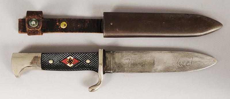 Nazi German WWII Hitler Youth Knife: blade with motto "Blut und Ehre!" (Blood and Honor), other side marked 'J.A HENCKELS.SOLINGEN/Z WILLINGSWERK/GES.GESCHUTZT", "RZ/M" in circle/"M7/10"/"1936", Hitler youth organizational emblem on grip