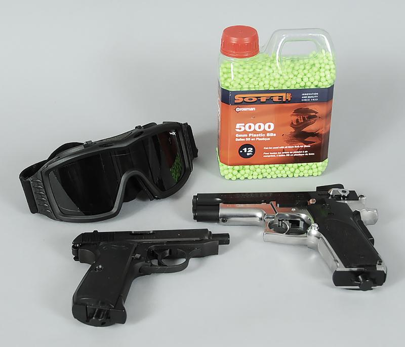 Walther, Daisy, Well BB Firearms: Walther for Crosman, Model PPK/S BB cal. (4.5mm) pistol, Daisy Powerline Model 93 CO2 BB pistol, WellÿMB-R3 Pellet Rifle, rds. of 6mm plastic BB's, WileyX eye goggles with clear and shaded lenses