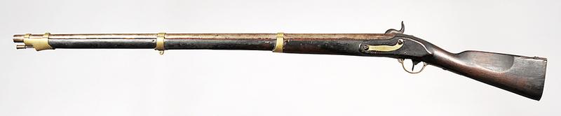 German Prussian Potsdam 1809 Percussion Rifle: .72 cal, 39 1/2 in. barrel, 54 in. overall, lockplate marked "POTSDAM/?", brass stock plate, three barrel bands and trigger guard, steel butt plate, half moon front sight on back strap of front barrel