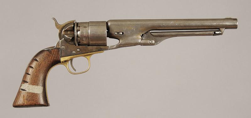Colt Army Model 1860 Single Action Revolver: converted from .44 to .20 cal. (5mm), 8 in. barrel, S/N 121234, matching numbers except wedge ("53"), top of barrel marked "-ADDRESS COL. SAML COLT NEW-YORK U.S. AMERICA-", left side of frame "COLTS" 