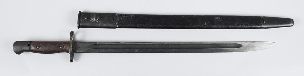 British Enfield Bayonet and Scabbard: made in Lithgow, ricasso stamped "1907"/"11 43", other side stamped with Broad Arrow/"X OA", 17 in. blade, 21-3/4 in. overall, leather and metal scabbard, 17-3/4 in., leather stamped "MANGROVITE '43",