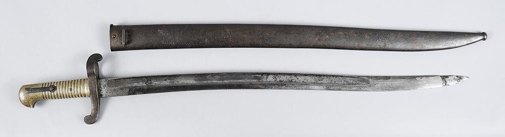 French Bayonet and Scabbard: possibly French, no markings other than "818" on guard, 23 in. blade, 27-7/8 in. overall, metal scabbard 23-1/2 in., brass handle