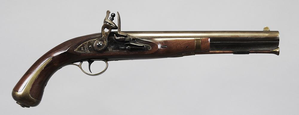 Harpers Ferry Model 1807 Flintlock Pistol Replica: 58 cal, S/N 15436, 10 in. round barrel, brass furniture, case colored lockplate stamped "HARPERS/FERRY/1807", eagle over "US", left side of barrel stamped,˜ "BLACK POWDER ONLY" "MADE IN ITALY" star o