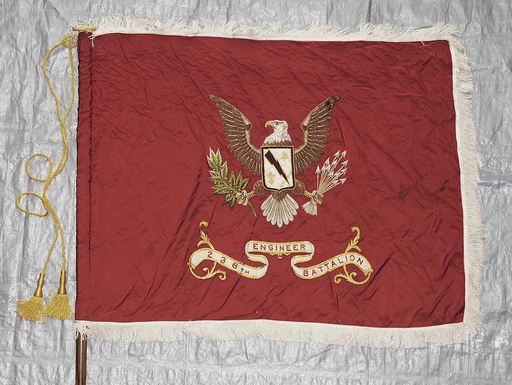 238th Engineer Combat Battalion Flag: red ground with eagle and battalion shield, over banner stitched with "238TH ENGINEER BATTALION", flag 33 in. x 46 in., metal post, gold plastic base and finial