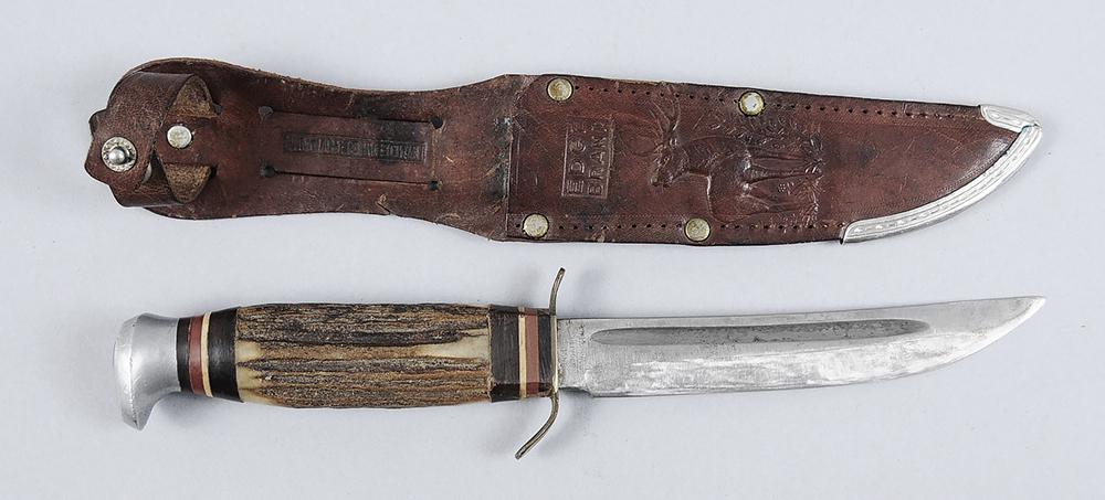 Edge Brand Solingen Germany 461 Stag Handle Hunting: 4-7/8 in. blade, 9 in. overall, ricasso stamped "EDGE BRAND/SOLINGEN/GERMANY", "461", leather sheath "MADE IN GERMANY', "EDGE BRAND", embossed elk, metal tip, 9-1/2 in.