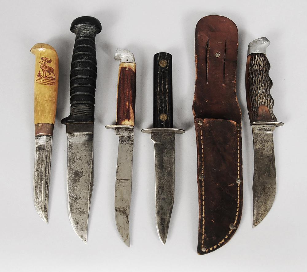Schrade-Walden Fixed Blade Knife with Four Other Knives: Schrade-Walden fixed blade, 4-1/2 in. ricasso stamped "SCHRADE-WALDEN/N.Y. U.S.A./147", wood handle, with leather scabbard, wear to leather; unmarked knife, wood handle, 4-3/4 in. blade, sharpening ma