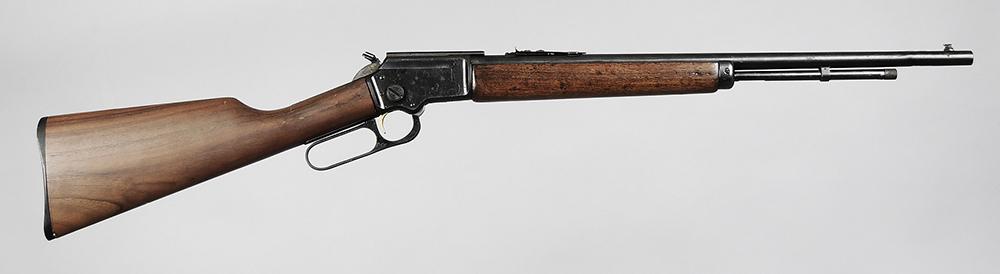 Marlin Model 39 Carbine: .22 S,L, and LR, SN AB22108, 20-1/4 in. barrel, gold plated trigger, hammer spur extension marked "JM", adjustable rear sight, fixed blade front sight with brass bead, wood stockÿ
