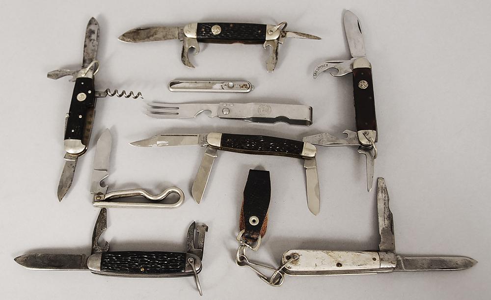 Nine Assorted Knives: including Ulster, Heinr Boker Co., Schrade, M. Klein & Sons, a scout fork, bladesÿapproximately 2-1/2 in.ÿ