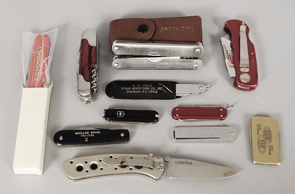 Eleven Assorted Knives: including CRKT, Ohio Forge, stainless NRA, Victorinox, Imperial, blades vary in length from 1-1/2 in. to 2-3/4 in.