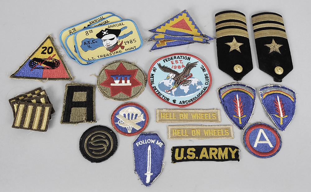 Miscellaneous Military Patches: Approximately 25 pieces including rare WWII Hell on Wheels triangle patch, WWII "HELL ON WHEELS" patches, WWII airborne glider garrison paratrooper patch, WWII US Army Central/3RD US Army patch, "U.S.