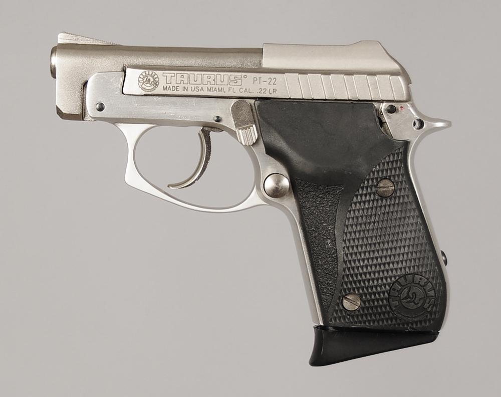 Taurus PT-22 Pistol: .22 LR, S/N Y144854, 2-3/4 in. tip up barrel, 8 rd. magazine, checkered hard rubber Taurus grips, with brown leather Bianchi holster (#18B)
