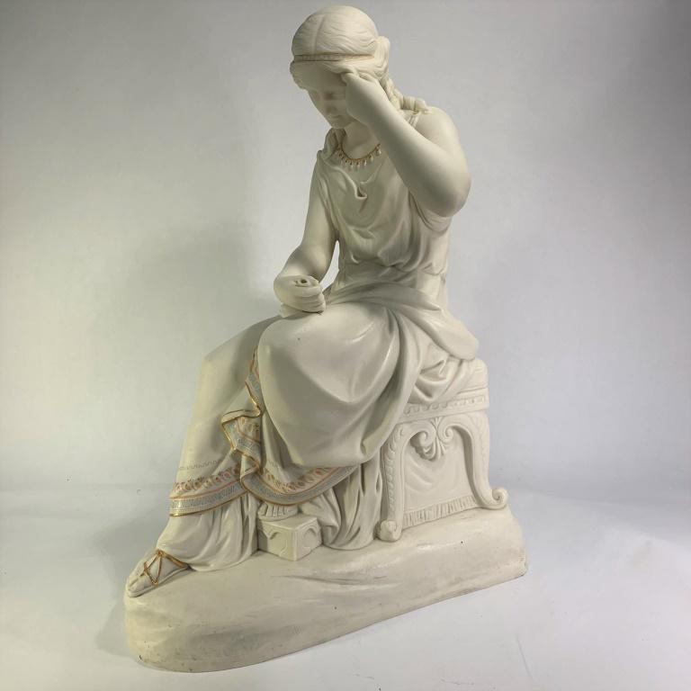 Copeland Parian Figure of a Classical Maiden: 19th Century Copeland Parian Figure of a Classical Maiden. Decorated with enamel and gilt decoration. Signed "CRYSTAL PALACE/ ART UNION/ W C MARSHALL R A SCULPT/ PUB JANUARY 1st 1861 COPELAND". Very g