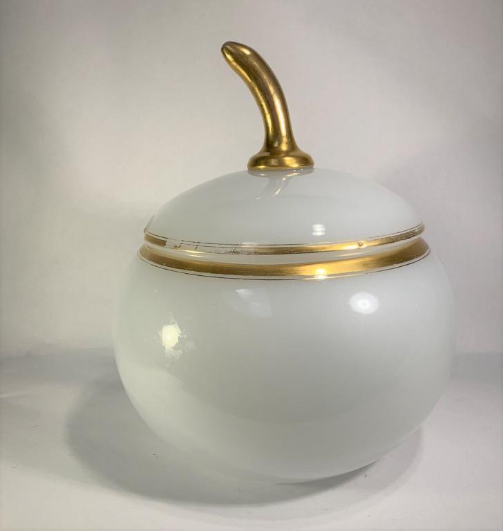 19th Century French White Opaline Glass Tureen: Large antique French white opaline glass tureen with gilded stem and gilt encircled decoration. Unsigned. Light wear to gilding or in good condition. Measures 11" H x 9-1/2" W. Domestic shipping$72.00