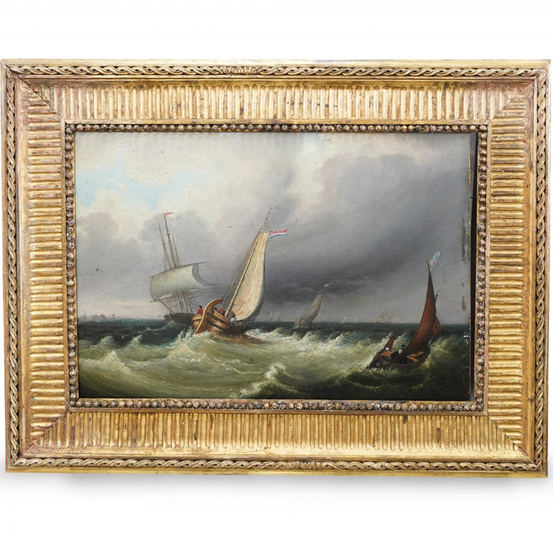 Abraham Hulk (Dutch 1813-1897) Attributed Oil on Board: An oil on board painting attributed to Abraham Hulk (Dutch, 1813-1897), depicts sailing ships on rough seas. No apparent signature. Framed in a 6.5" carved gilt wood frame. CIRCA: Late 19th / Early 20