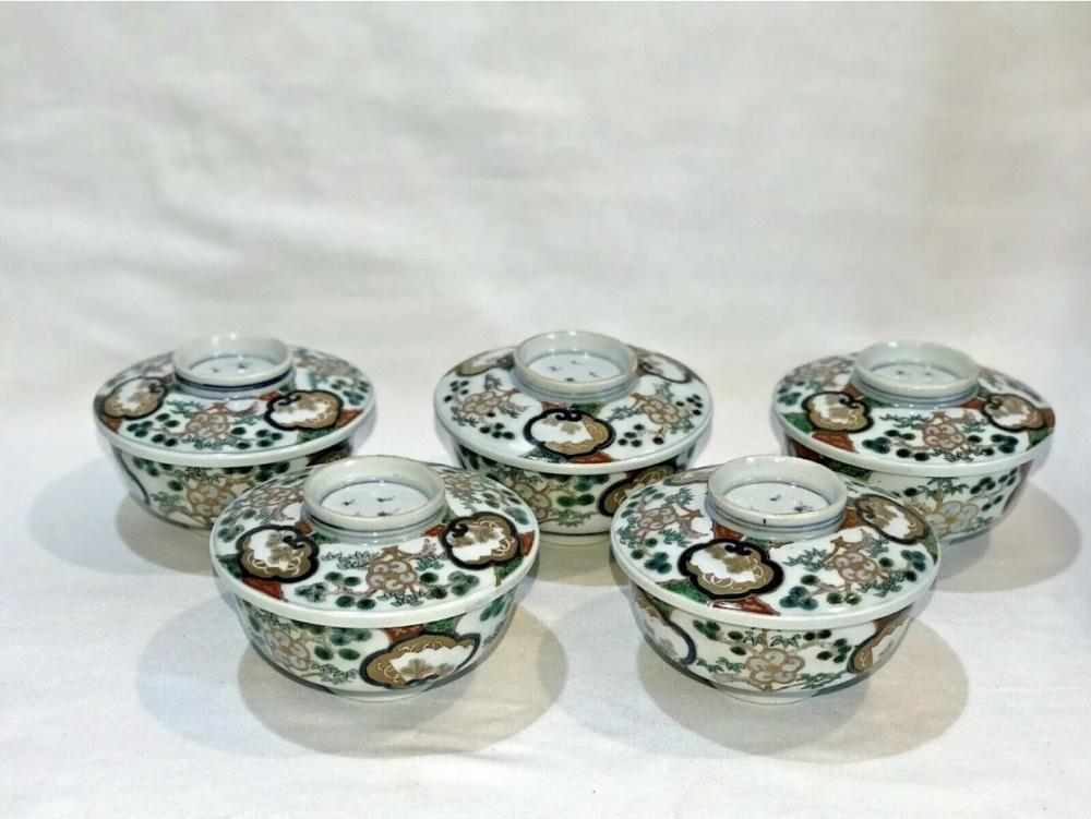 Five Antique Japanese Imari Rice Bowls: Imari Porcelain 10 piece set includes; 5 round rice bowls with 5 matching lids. Average Age Wear. Dimensions; 4.75 inches in diameter - 2.5 inches in height. Domestic shipping $68.00 plus 2% insurance