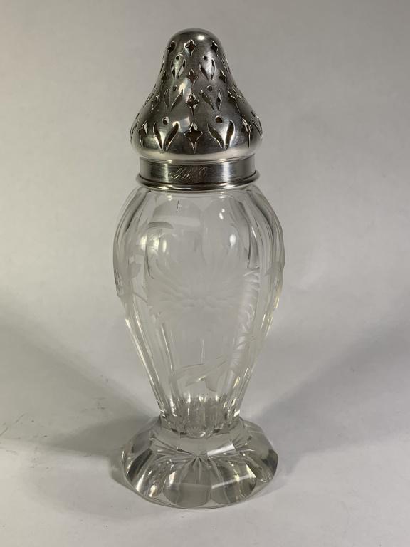 Antique Glass and Silver Muffineer: Pretty Antique Etched Glass and Mauser Sterling Silver Muffineer. The body with etched floral motif. Reticulated sterling top. Signed 925 Sterling, Mauser logo. Measures 7-1/2". Sterling top weighs ap