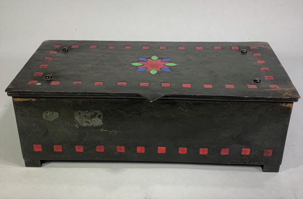 Arts & Crafts Hammered Copper Box: Arts & Crafts Hammered Copper & Enameled Cigar Box. Wood lined. Signed with bird mark. Light wear and rubbing from age and use. Measures 2-1/2" H x 8" L x 4" D. Domestic shipping $36.00 plus 2% insura