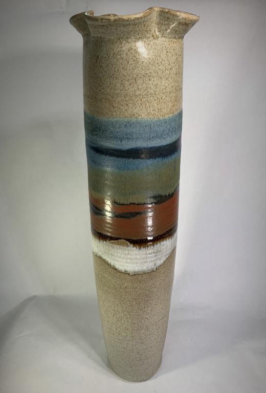 Modern Studio Pottery Vase: Impressive large studio pottery vase. Signed Blue. Accompanying paperwork from Robert Blue, Blue Eagle Ceramics, Woodstock, IL. Very good condition. Measures 25-1/2" H x 6-1/2" W. This item is too lar