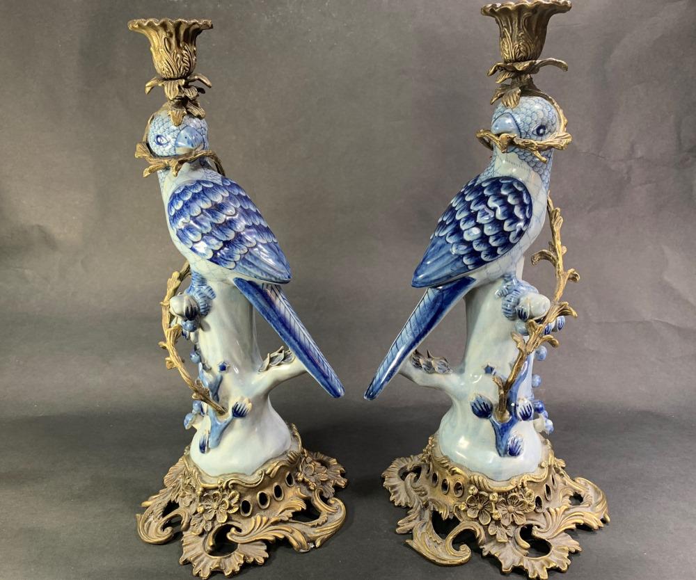 Pair Chinese Porcelain Bronze Mounted Birds (1 of 5)