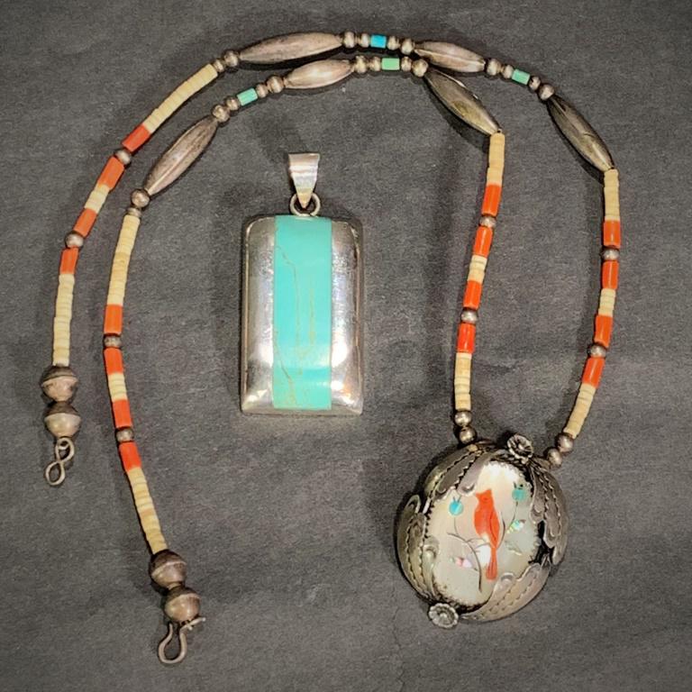 Two Pieces Vintage Native American Jewelry: Two Pieces Vintage Native American Jewelry. Includes: Albert Platero Necklace, comprised of coral, bone, turquoise and silver beads with a pendant of inlaid abalone, coral and silver. Measures 21", th
