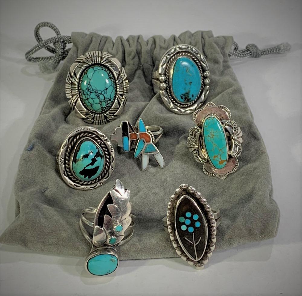 7 Vintage Turquoise & Silver Rings (1 of 5)