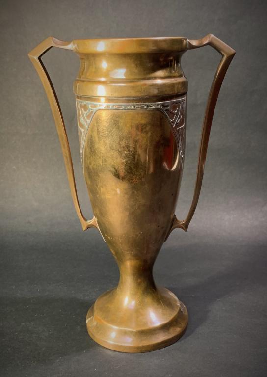Arts & Crafts Silvercrest Mixed Metal Vase: Arts & Crafts SilverCrest Mixed Metal Vase. Sterling on bronze with handles. Signed. In need of polish or in good condition. Measures 9-1/4" H.