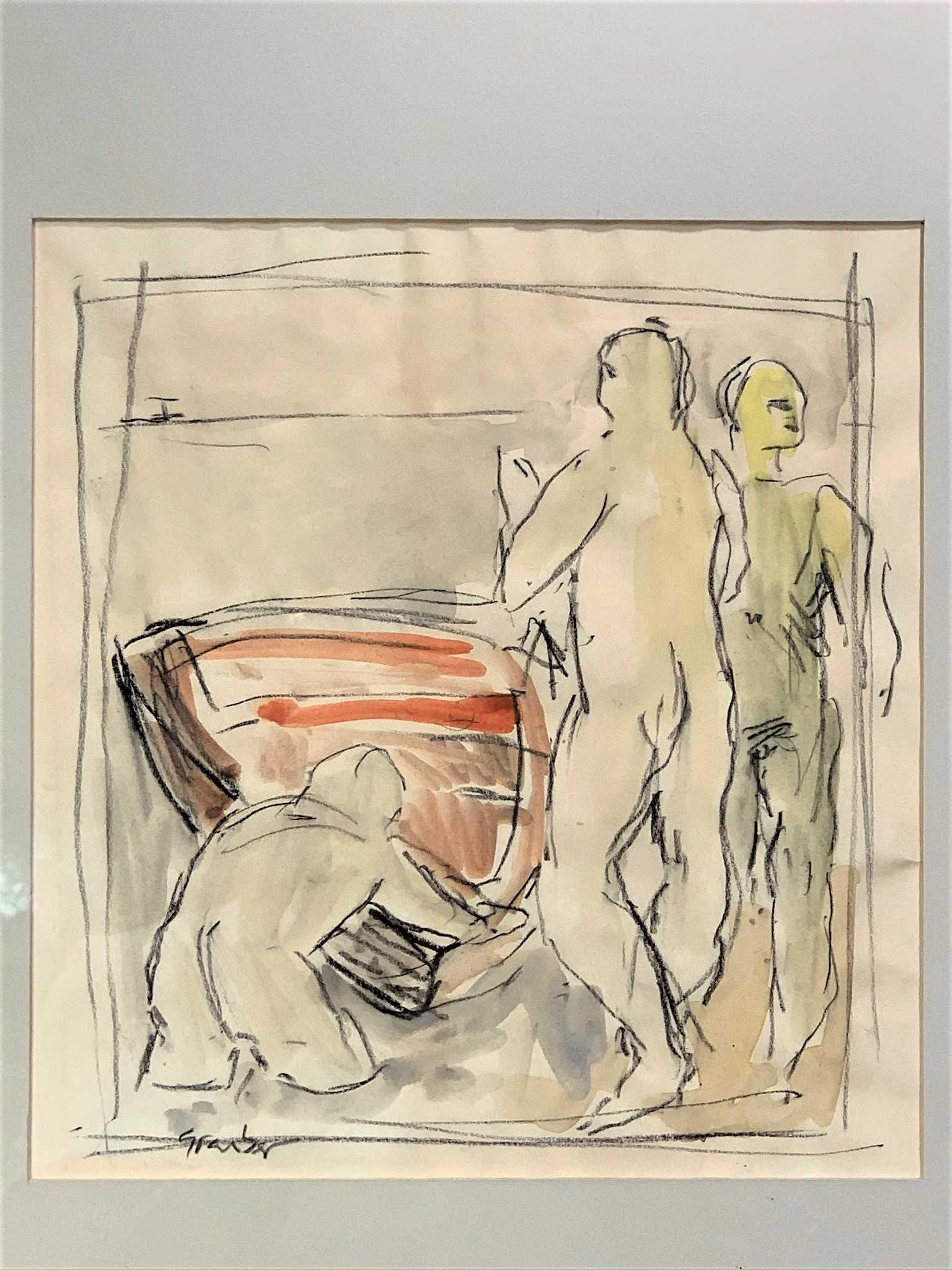 Possibly Morris Graves, American Watercolor: Possibly Morris Graves, American (1910 - 2001) watercolor on Paper "Study of Shoreline Figures" Signed Lower Left. Goodcondition.Sight measures 8-3/4" H x 8-1/4" W, frame measures 20" H x 16" W.