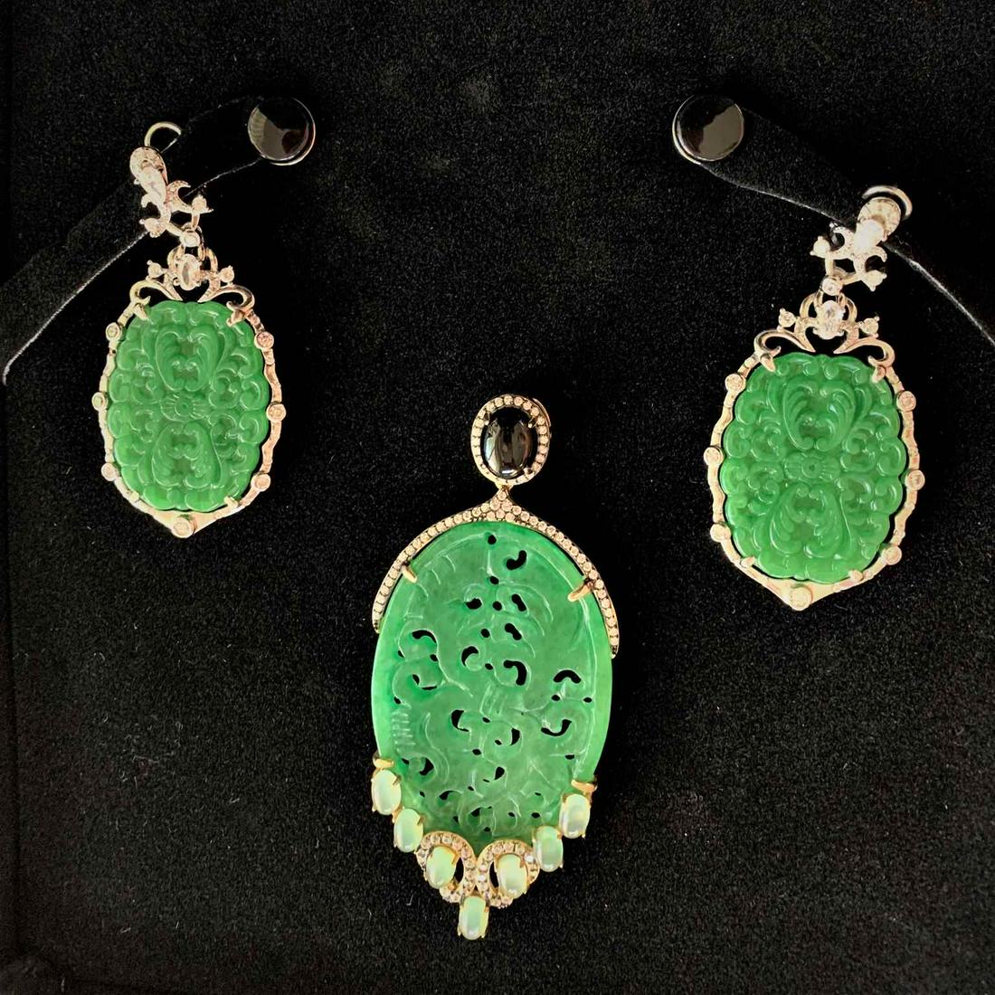 Carved Jade and Diamond Earring Pendant Suite (1 of 6)
