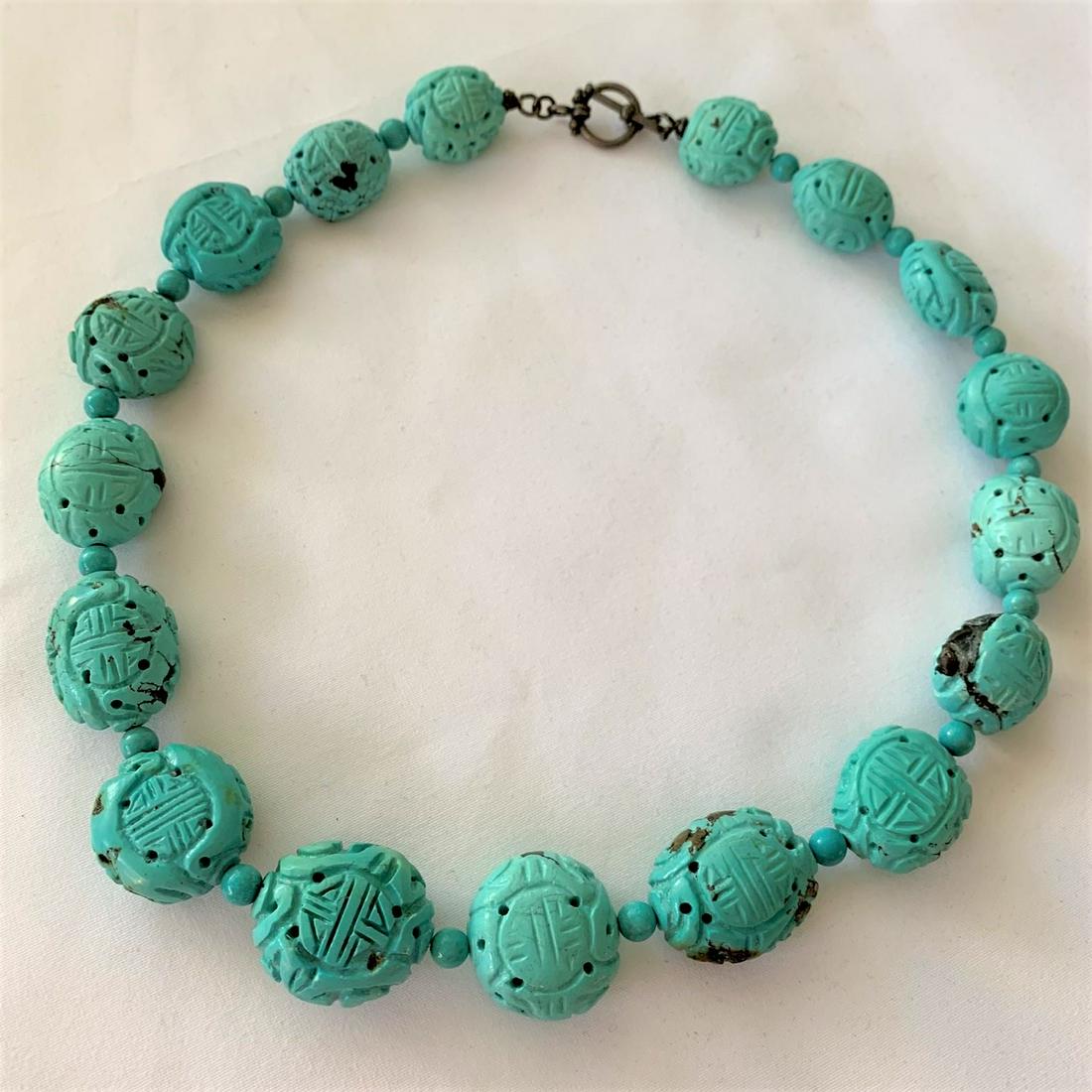 Chinese Carved Turquoise Beaded Necklace (1 of 3)