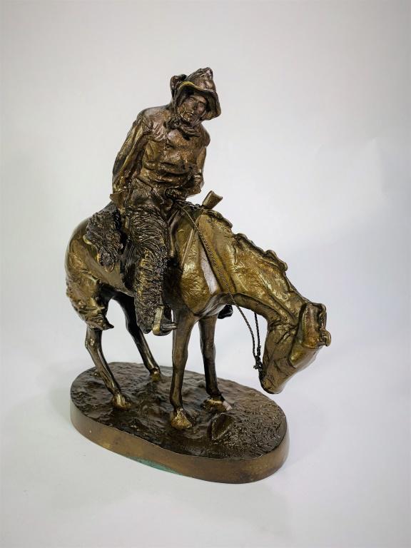 After Frederic Remington (1861-1909) Bronze: After Frederic Remington, American (1861-1909) Bronze "Weary Rider". Signed in bronze. Measures 7-3/4" H x 6" L. Good condition.