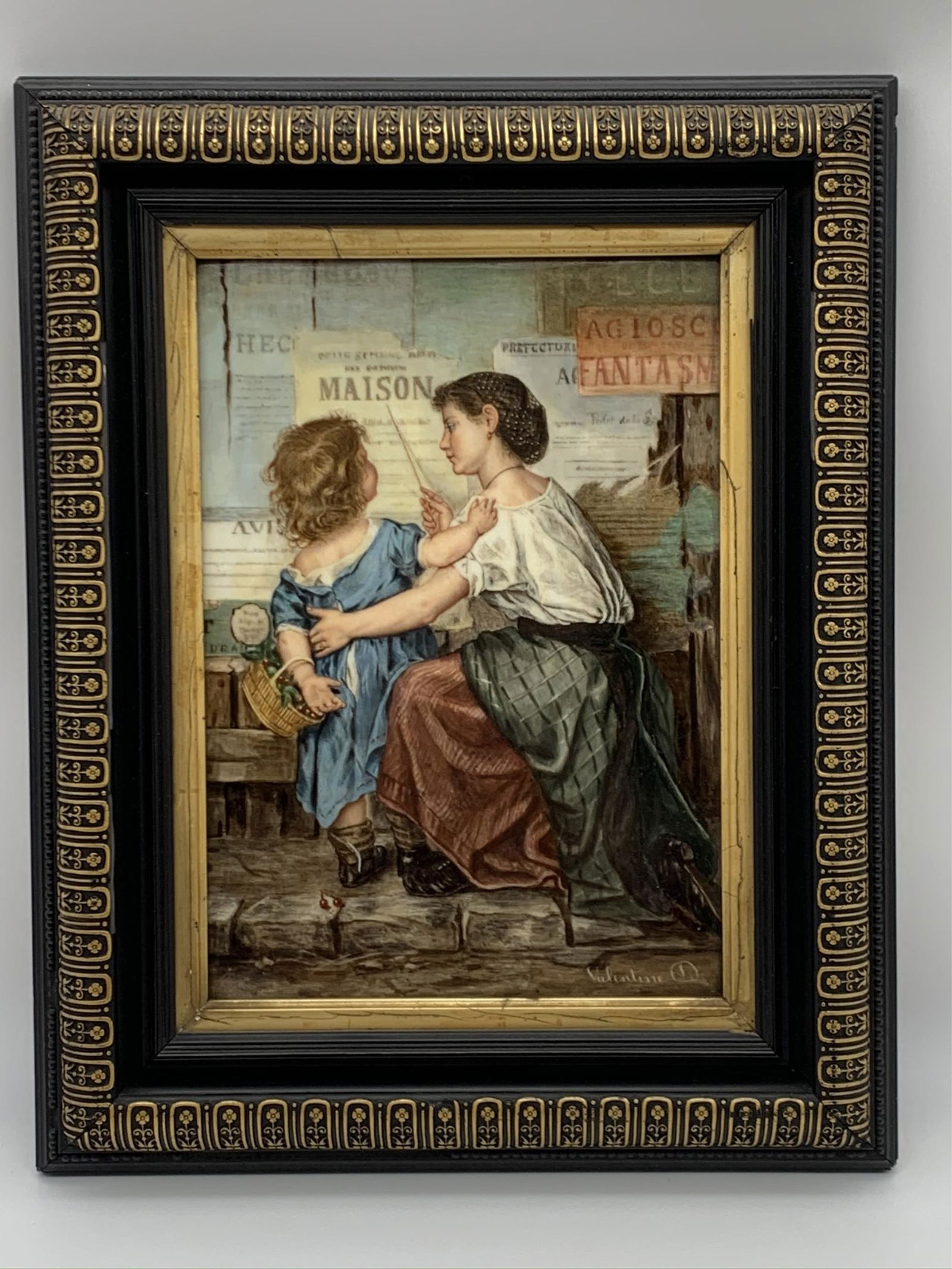Antique French Painting On Porcelain: Antique KPM Style French Painting On Porcelain "Reading Teacher". Nicely painted. Signed Valentine lower right. Some light crazing or in good condition. Measures 10-1/8" x 7-5/8". frame measures 14-1/