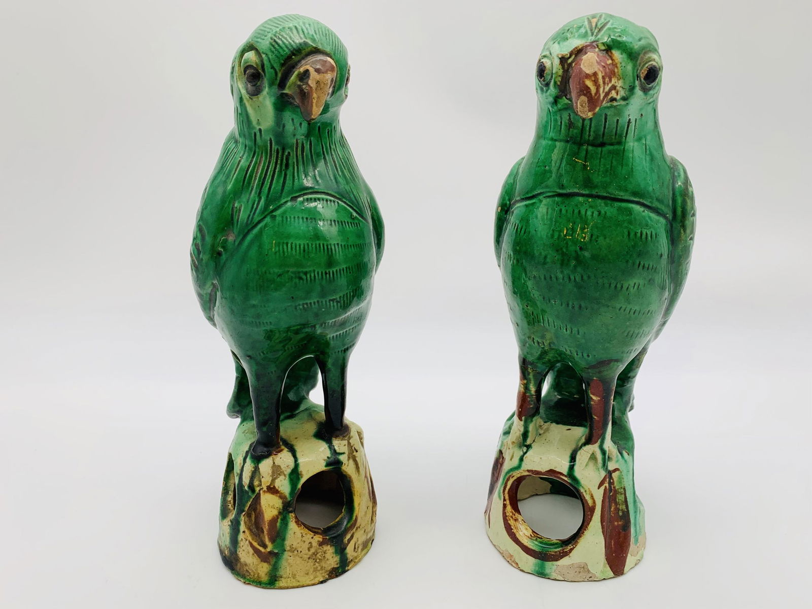 Pair Chinese Qing Green-Glazed Ceramic Parrot Figures. (1 of 5)