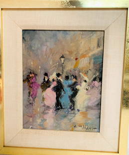 Mid Century French Post Impressionist School Oil on: Mid Century French Post Impressionist School Oil on Canvas "Finely Dressed People On Paris Street". Signed lower right L Gagliardi?. Good condition. Measures 10" x 8", frame measures 14-3/4" x 12-3/4"