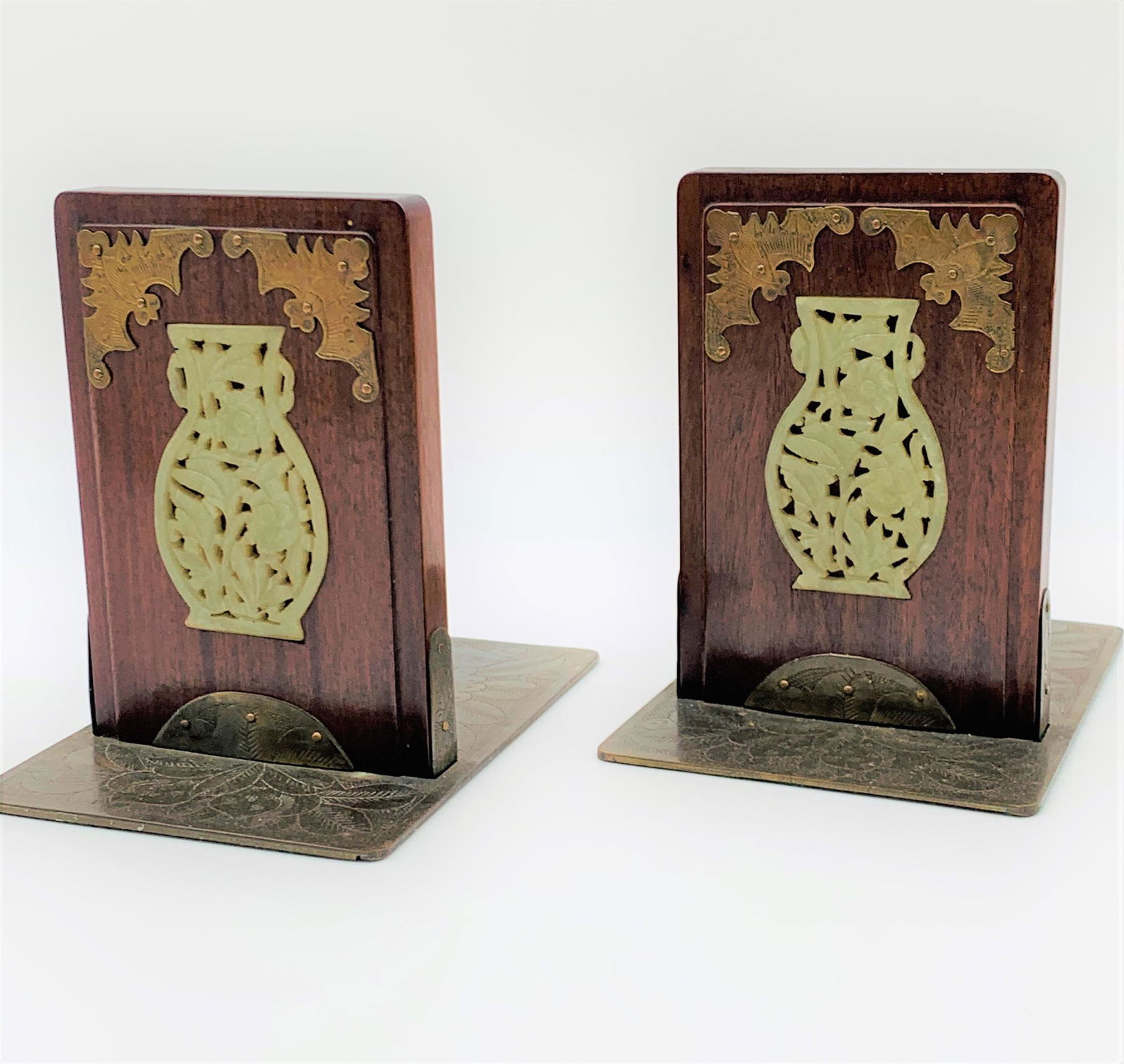 Pair Vintage Chinese Wood, Brass, Jade Bookends. The (1 of 6)