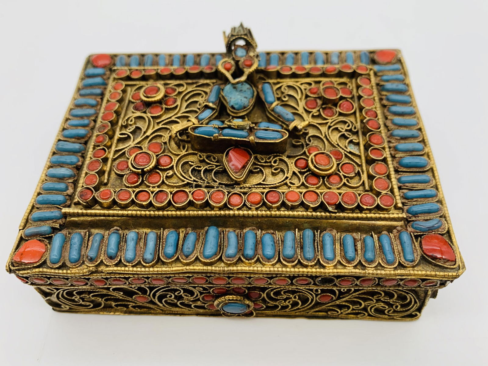 Nepalese Gilt Metal Filigree, Turquoise, Coral Box (1 of 4)