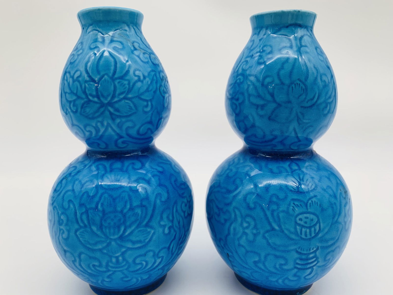 Pair 20th C Chinese Blue Glazed Double Gourd Vases (1 of 4)