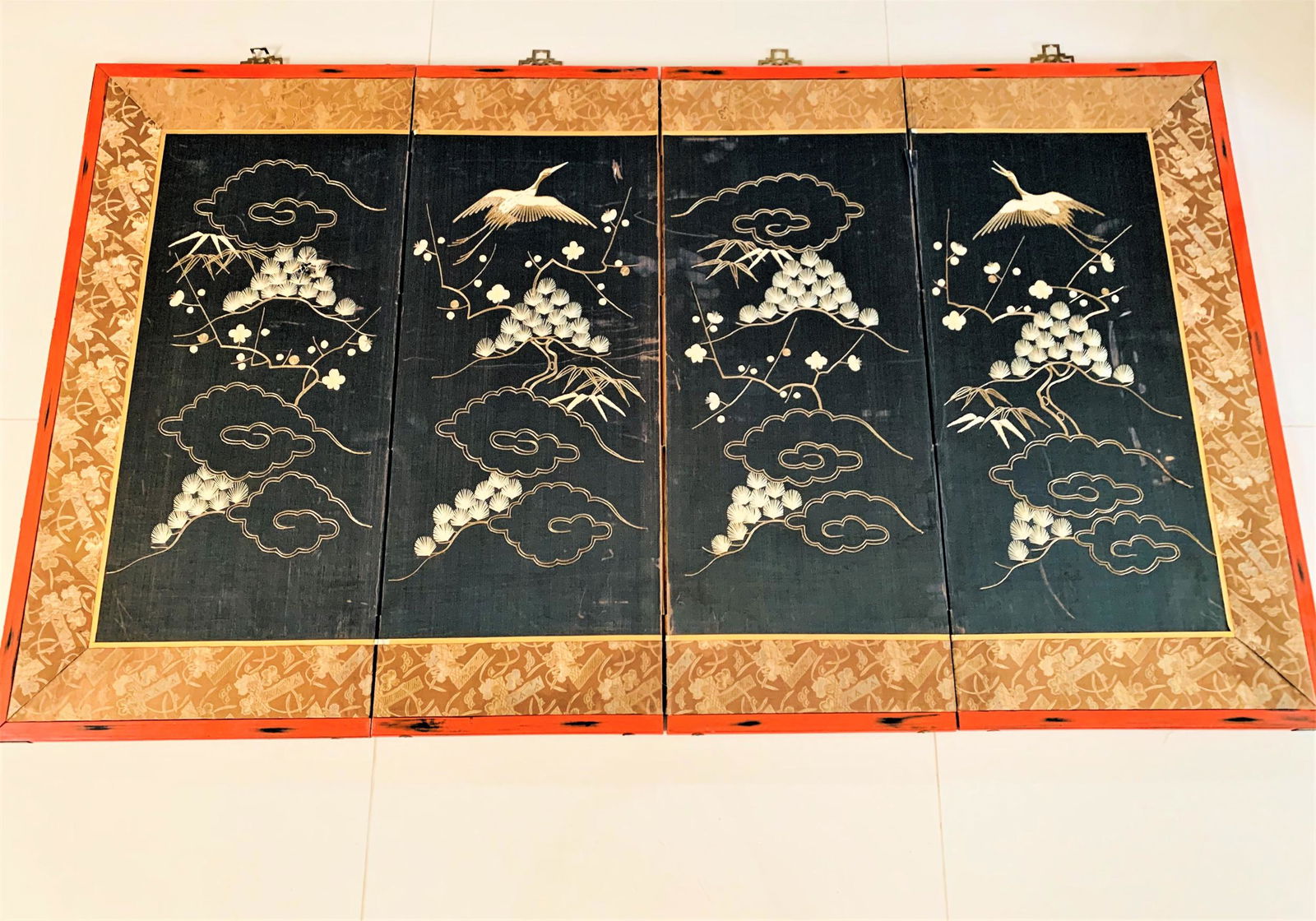 Vintage 4 Panel Embroidery On Silk (1 of 8)