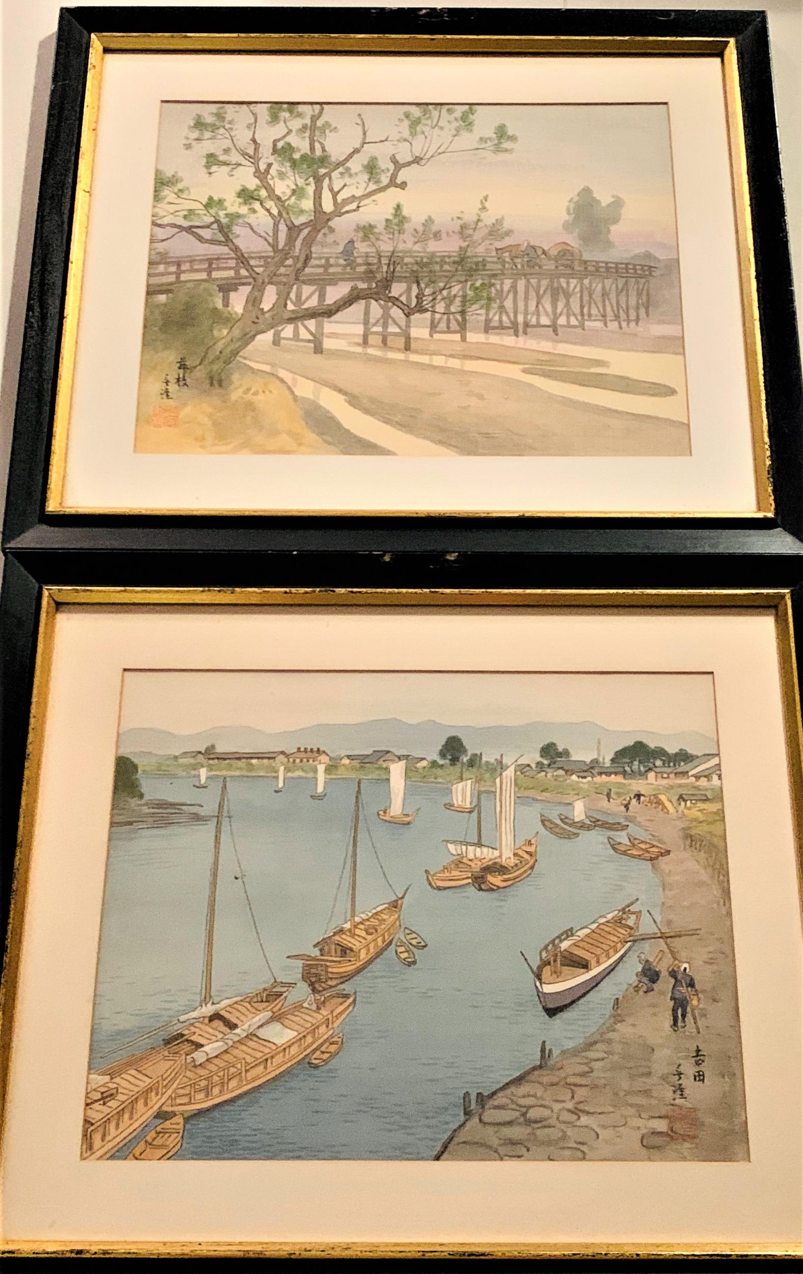 Pair Japanese Meiji W/C Signed: Beautiful pair of Japanese Meiji period watercolors on silk. One a scene featuring a bridge, the other a port scene. Signed with seal stamps and calligraphy. Very good condition. Measures 12" x 16'. f