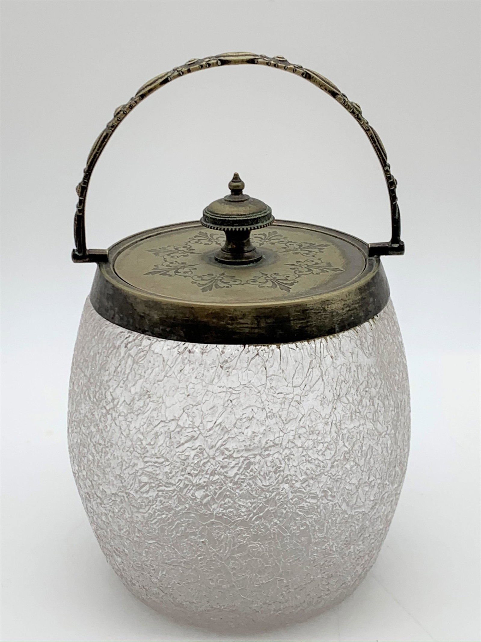 Antique French Crackle Glass Biscuit Jar: Antique French Crackle Glass Biscuit Jar With Plated Lid and Mounting. Unsigned. Good antique condition with wear to plate. Measures 6-1/2" H x 5" W. Free Local Pick-up Available With Appt.. Sorry..No